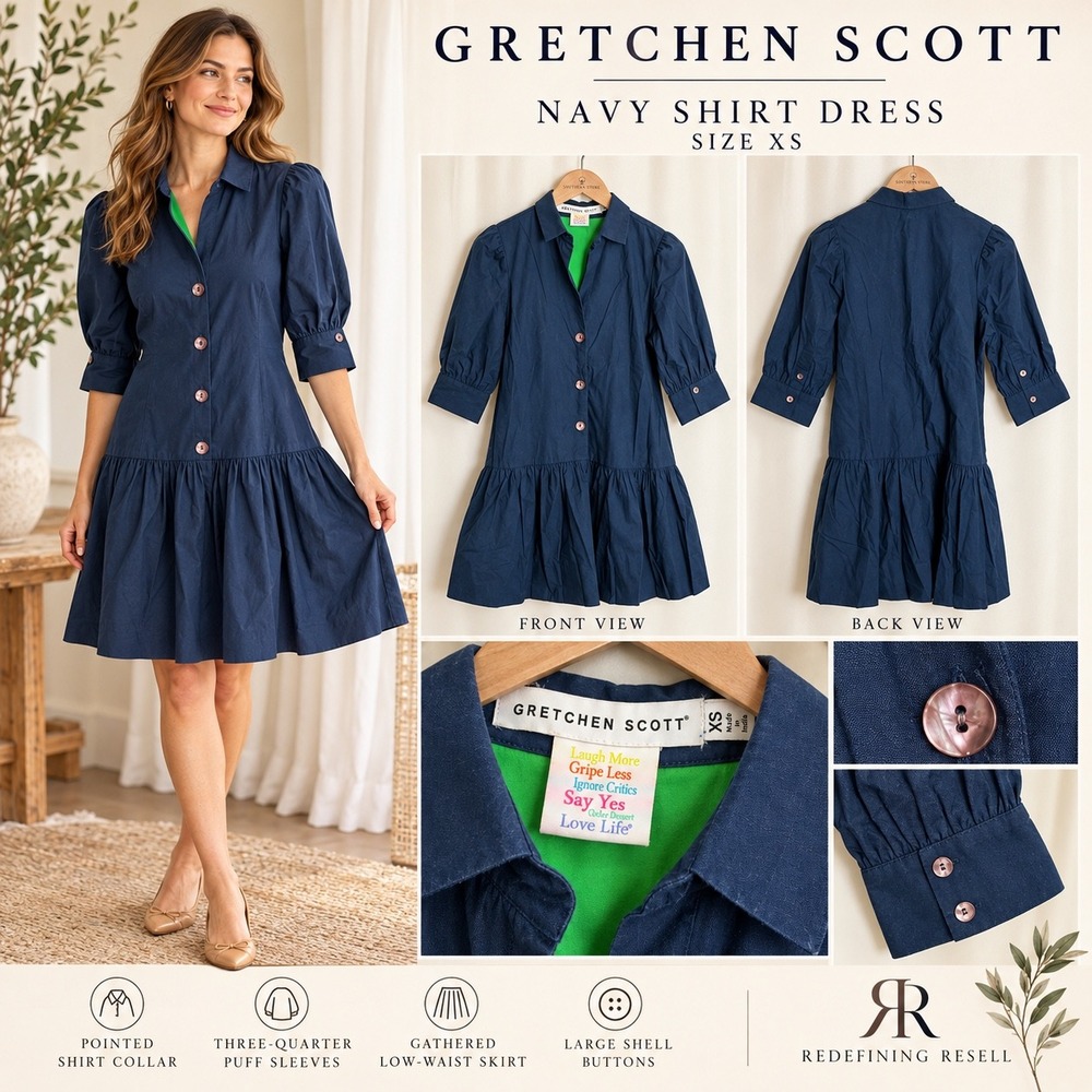 Gretchen Scott Navy Blue Shirt Dress XS Puff Sleeve Drop Waist Shell Buttons